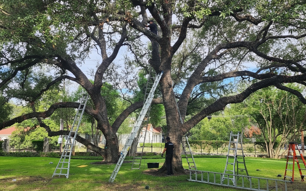 Holiday light installers wrapping a huge oak tree in Alamo Heights for festive decoration.