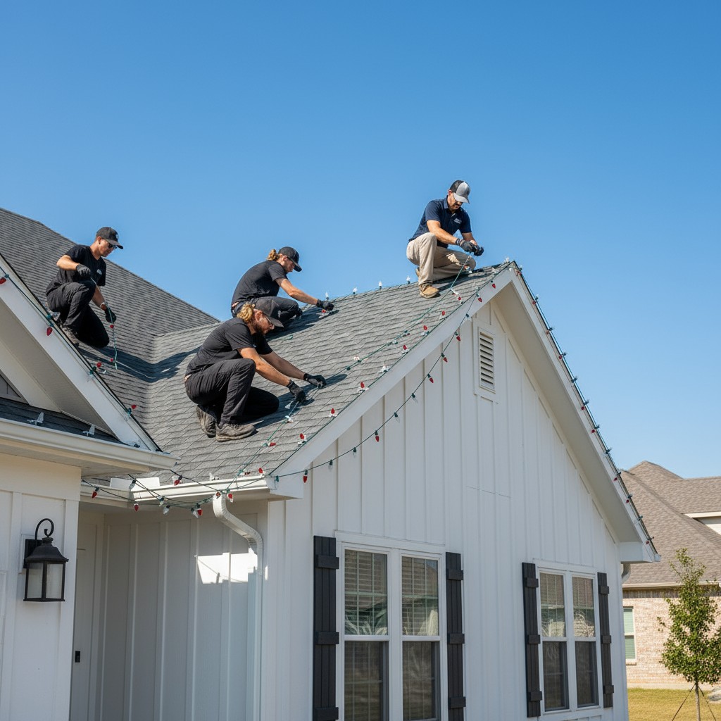 Holiday roof lights installation in progress, featuring black polo shirts and plastic clips under daylight.