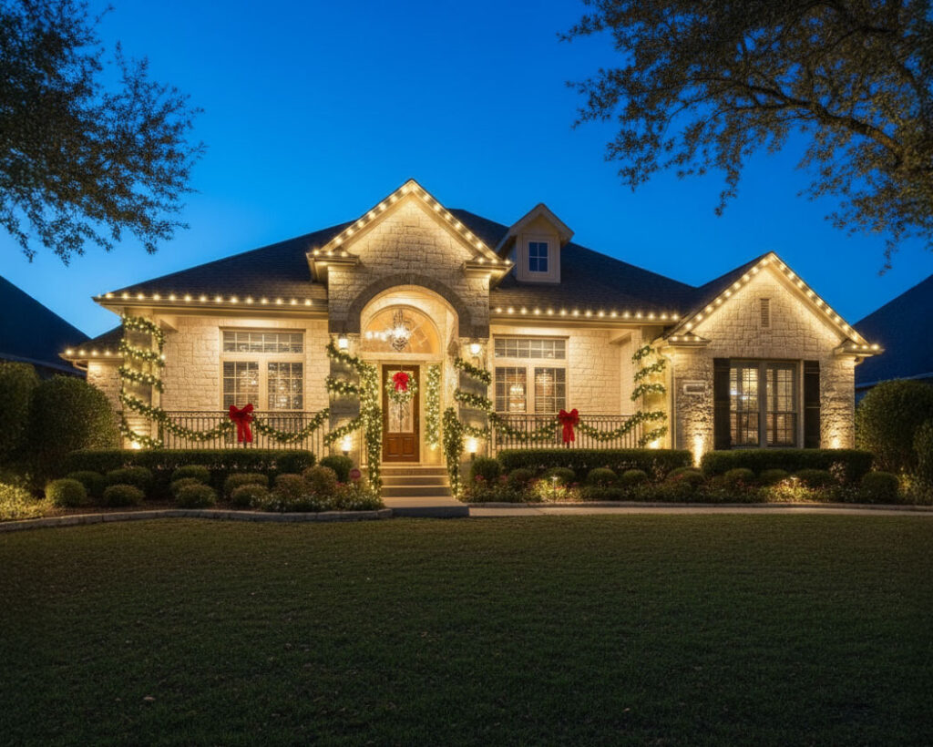 Festive holiday roofline garlands lighting illuminating a cozy home during the winter season.