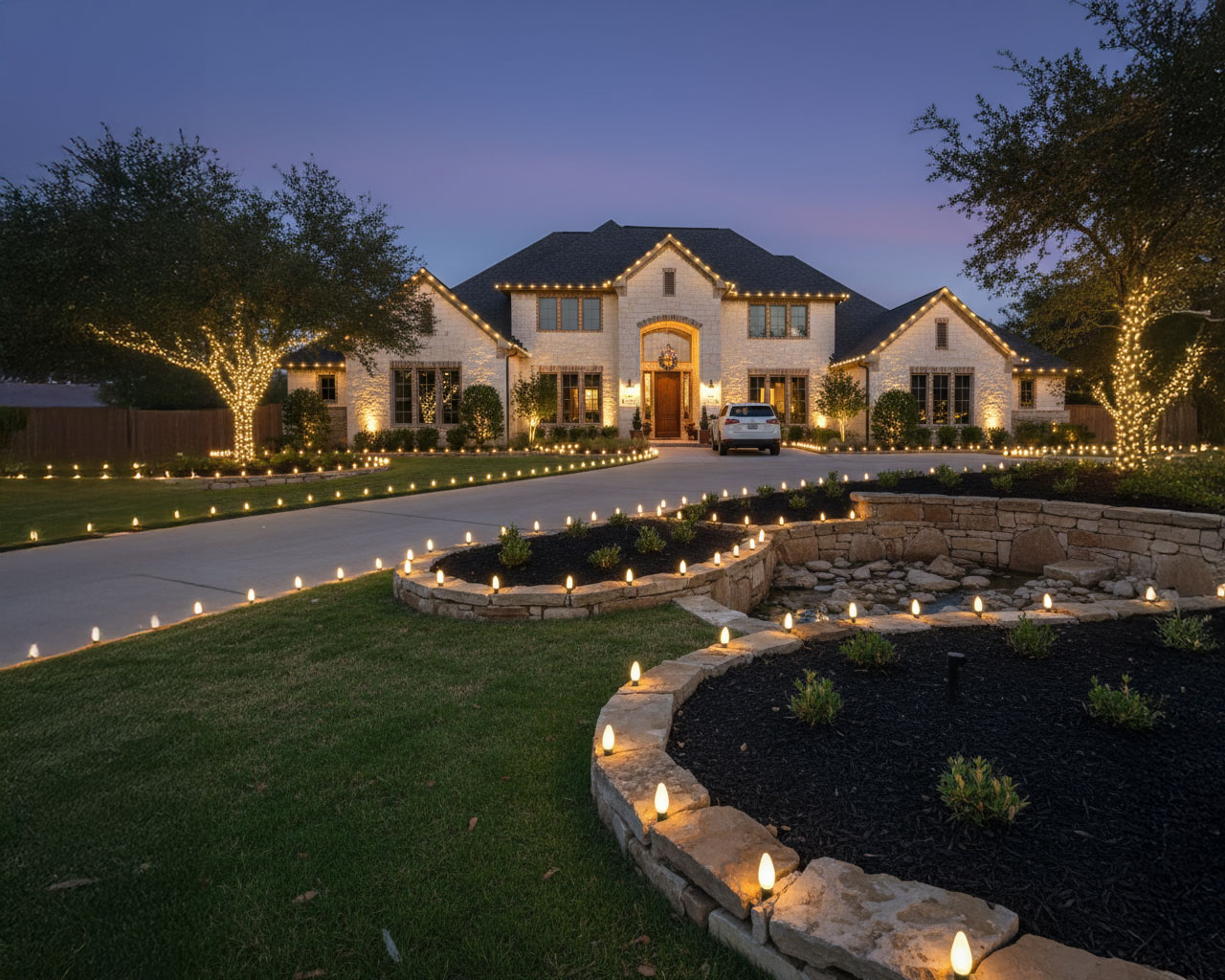 holiday stake lighting in planter beds for festive decoration in Helotes