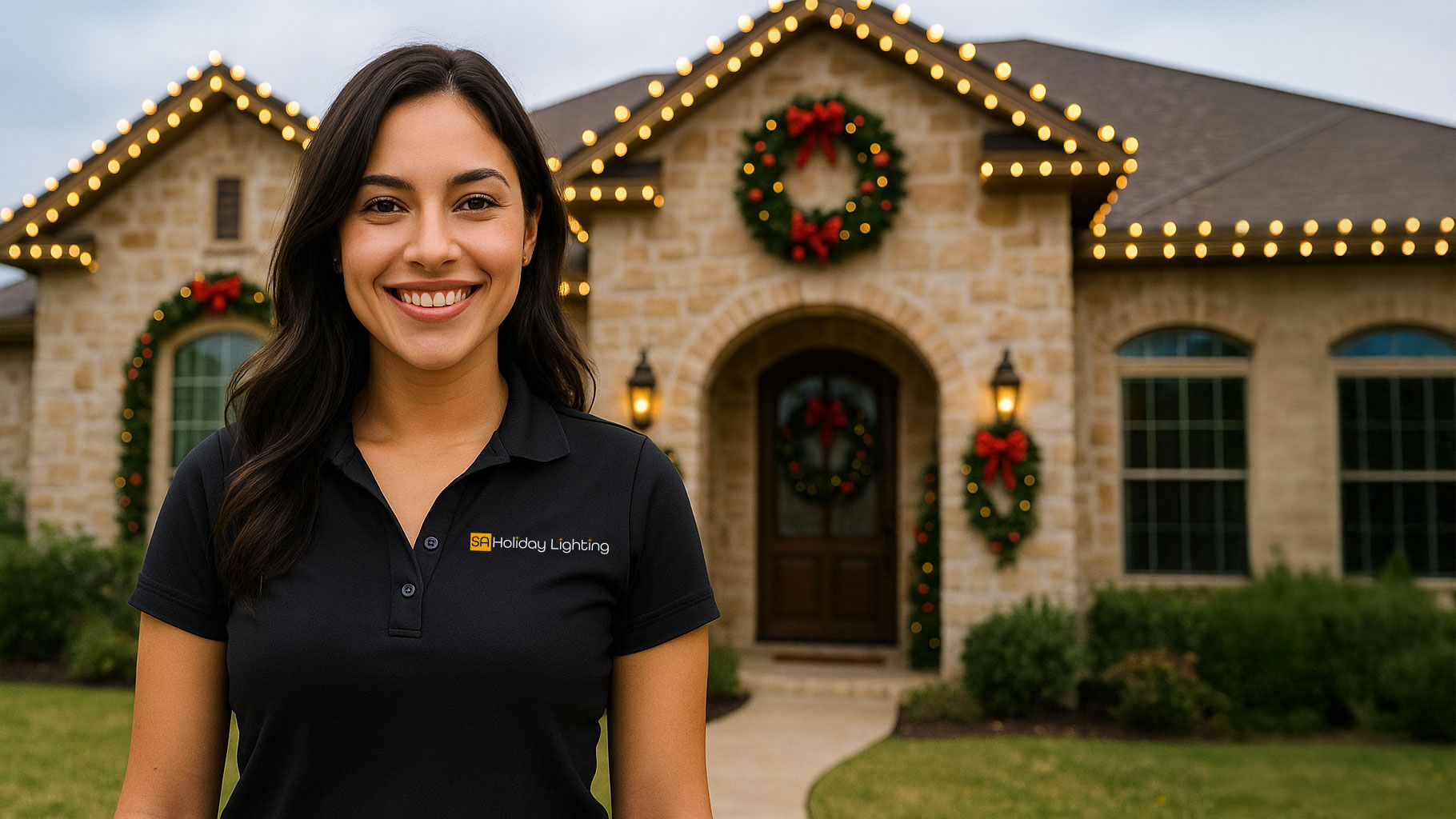 Staff member standing in front of decorated home in San Antonio, TX for holiday lights.