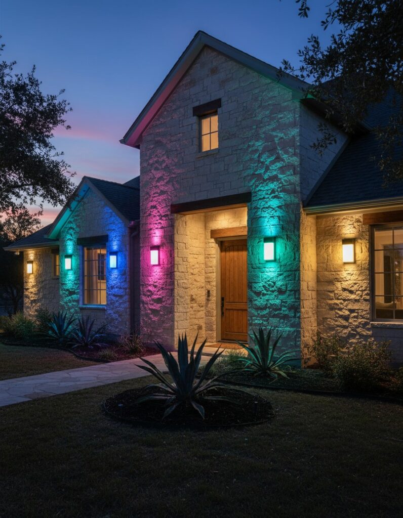 Permanent outdoor wall lighting for home holidays in Alamo Ranch.
