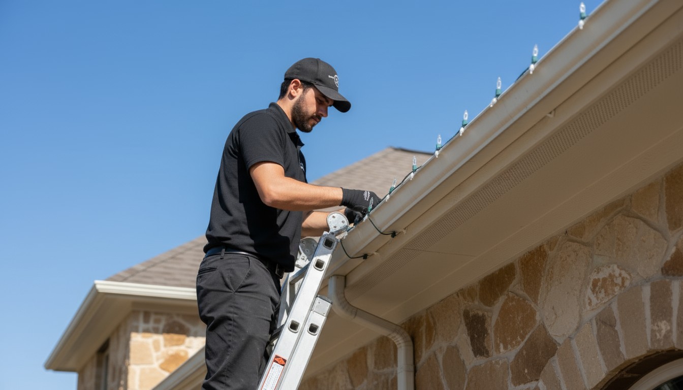 Side profile of a ladder used by an installer for residential work with C9 clips for Christmas decorations.