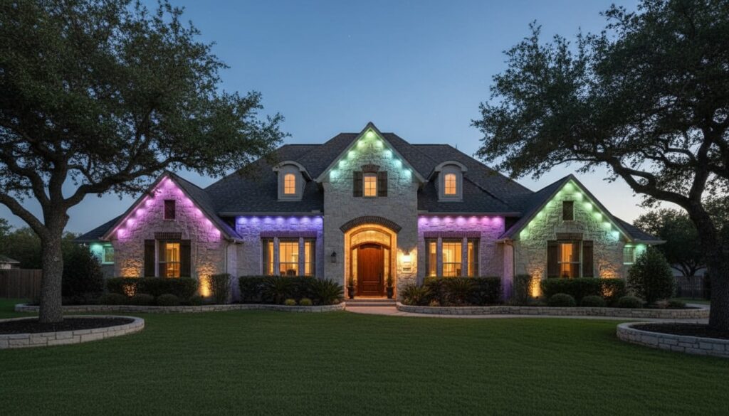 Landscape-style Govee permanent roofline lights illuminating a home in Helotes, showcasing a warm and inviting outdoor ambiance at night.