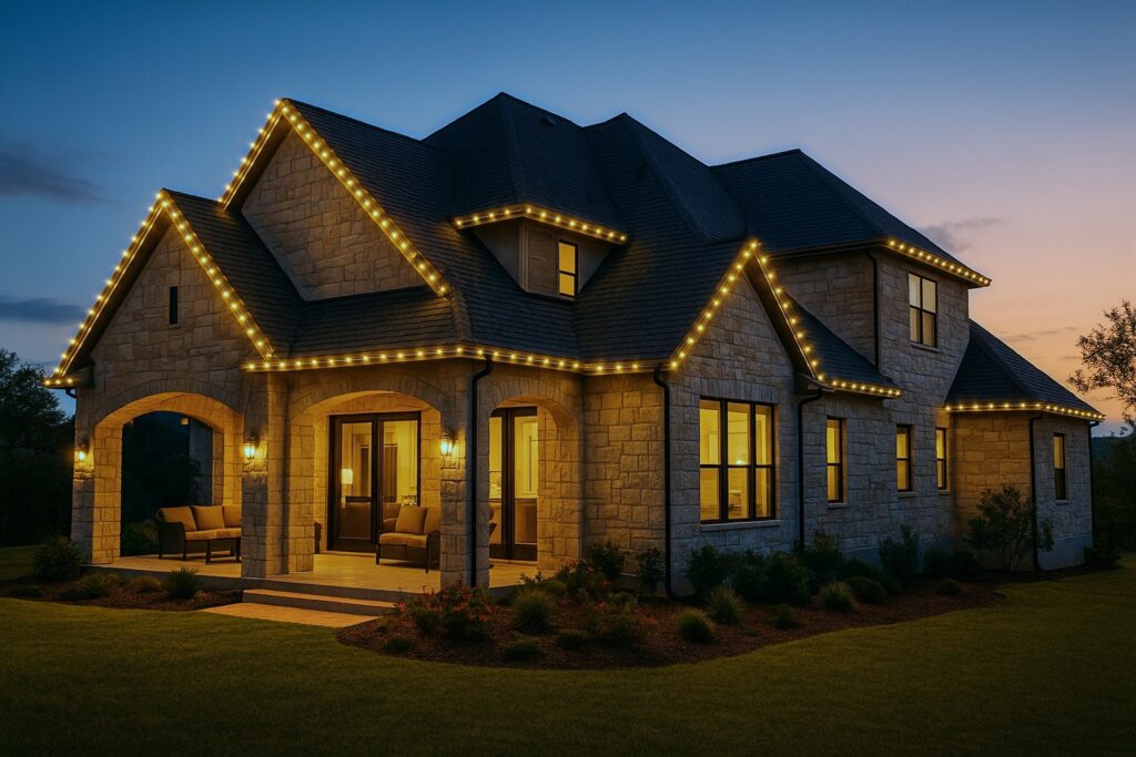 Luxury Helotes home showcasing holiday roofline adorned with C9 LED lights, emphasizing its elegant design and festive atmosphere.