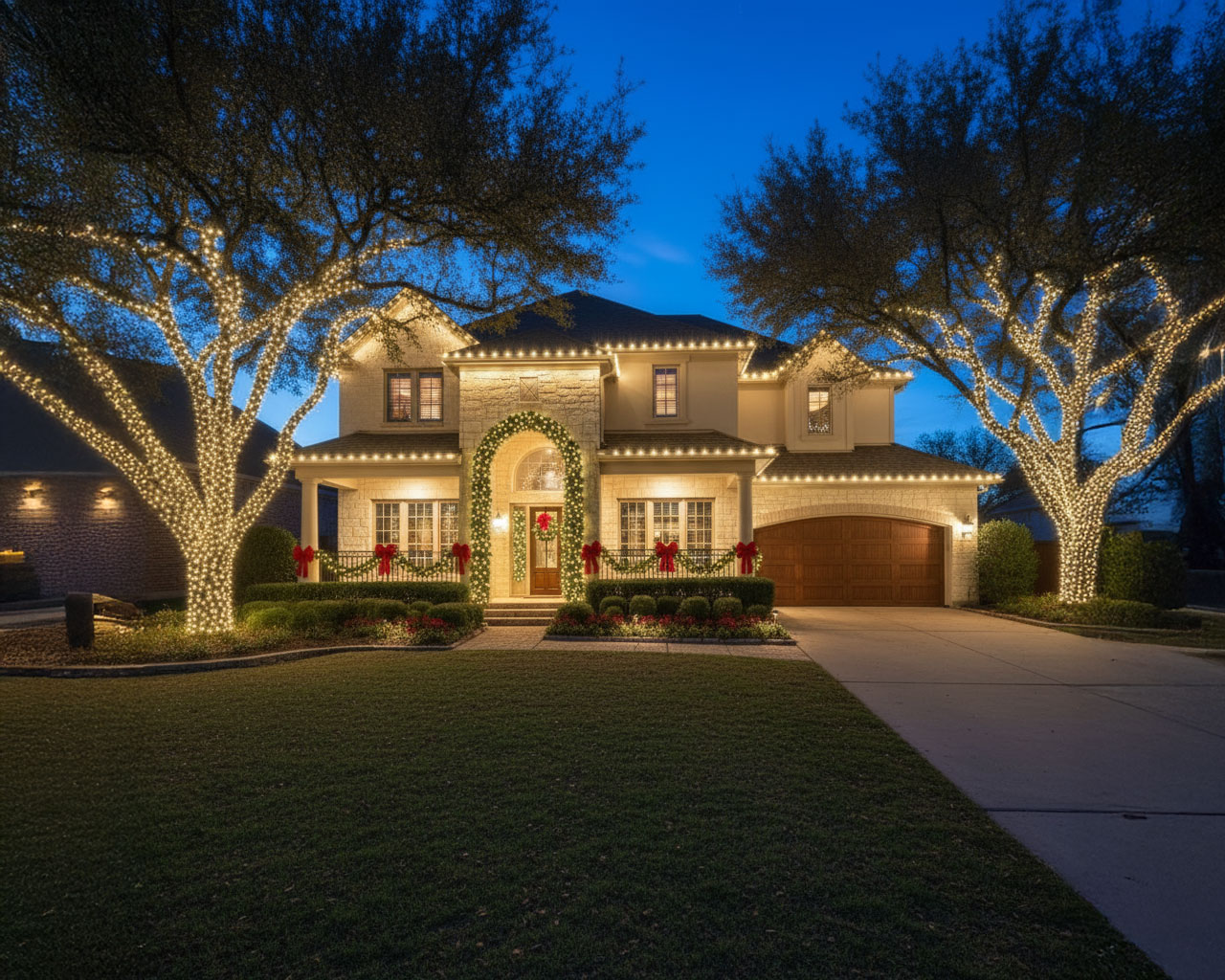 Luxury home adorned with Christmas garlands on the roof and sparkling tree lighting, creating a festive holiday atmosphere.