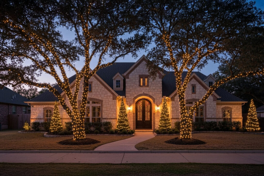 Modern oak tree wrapped in decorative lights in an upscale home garden in Leon Springs.