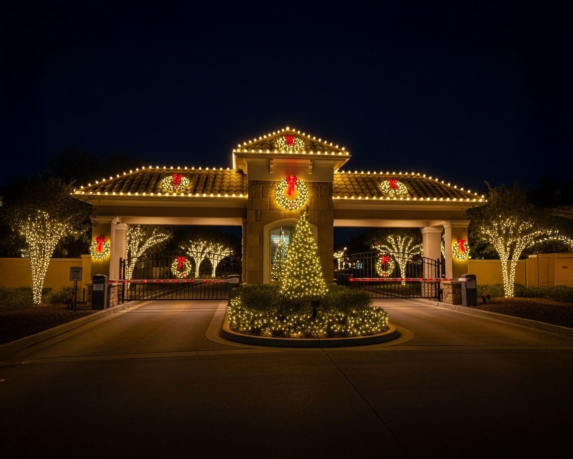 Neighborhood guardhouse in San Antonio adorned with festive Christmas light decorations, creating a cheerful holiday atmosphere.