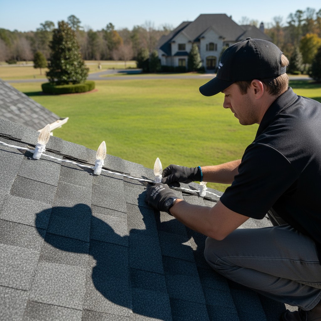 Clipping holiday lights onto a roofline from an over-the-shoulder perspective, showcasing an installer at work.