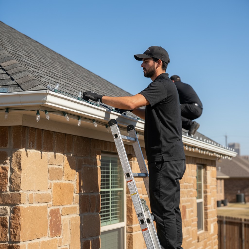 Over shoulder view of a residential installer clipping C9 lights on a roof during holiday decorations