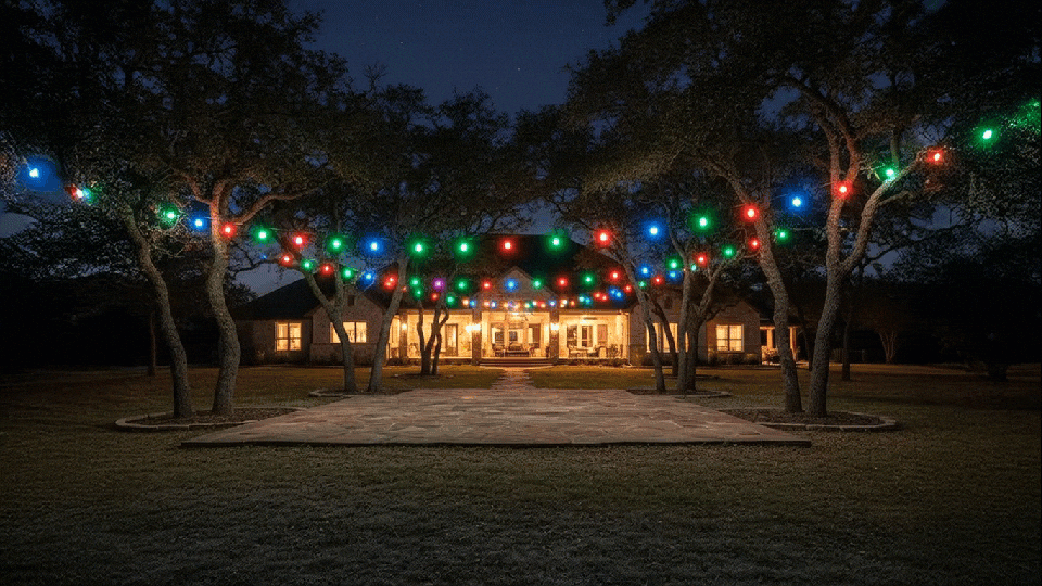 string lights in a backyard creating a permanent holiday ambiance