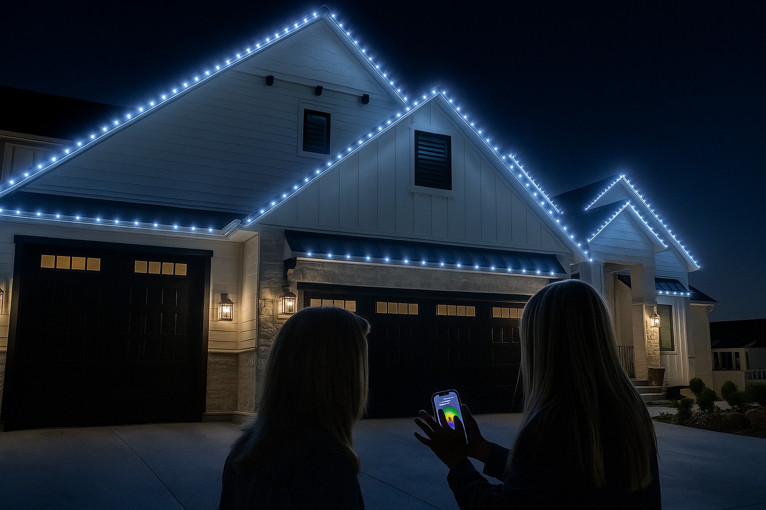 Permanent holiday lights controlled by homeowner via mobile app, showcasing vibrant outdoor illumination for festive occasions.