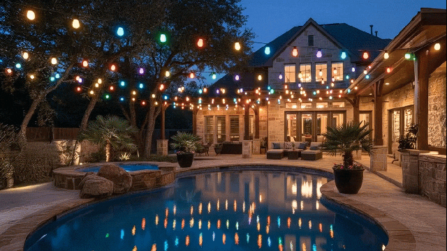 Permanent holiday patio string lighting illuminating an outdoor space for festive gatherings.