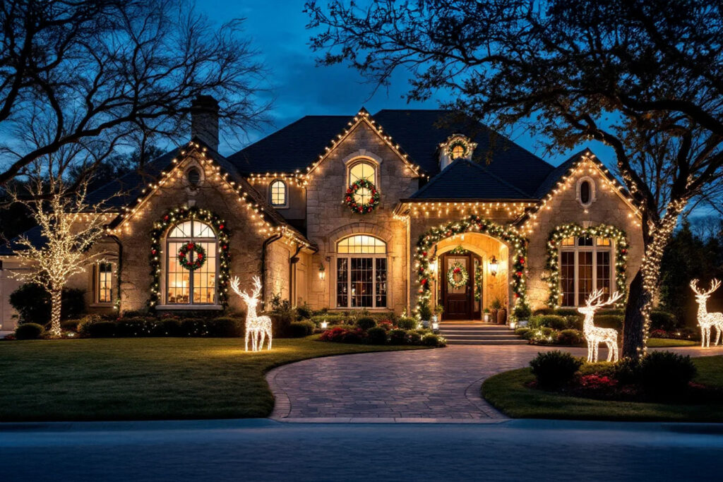 Professional residential holiday lighting services in Helotes, San Antonio showcasing beautifully arranged festive lights on a house during the holiday season.