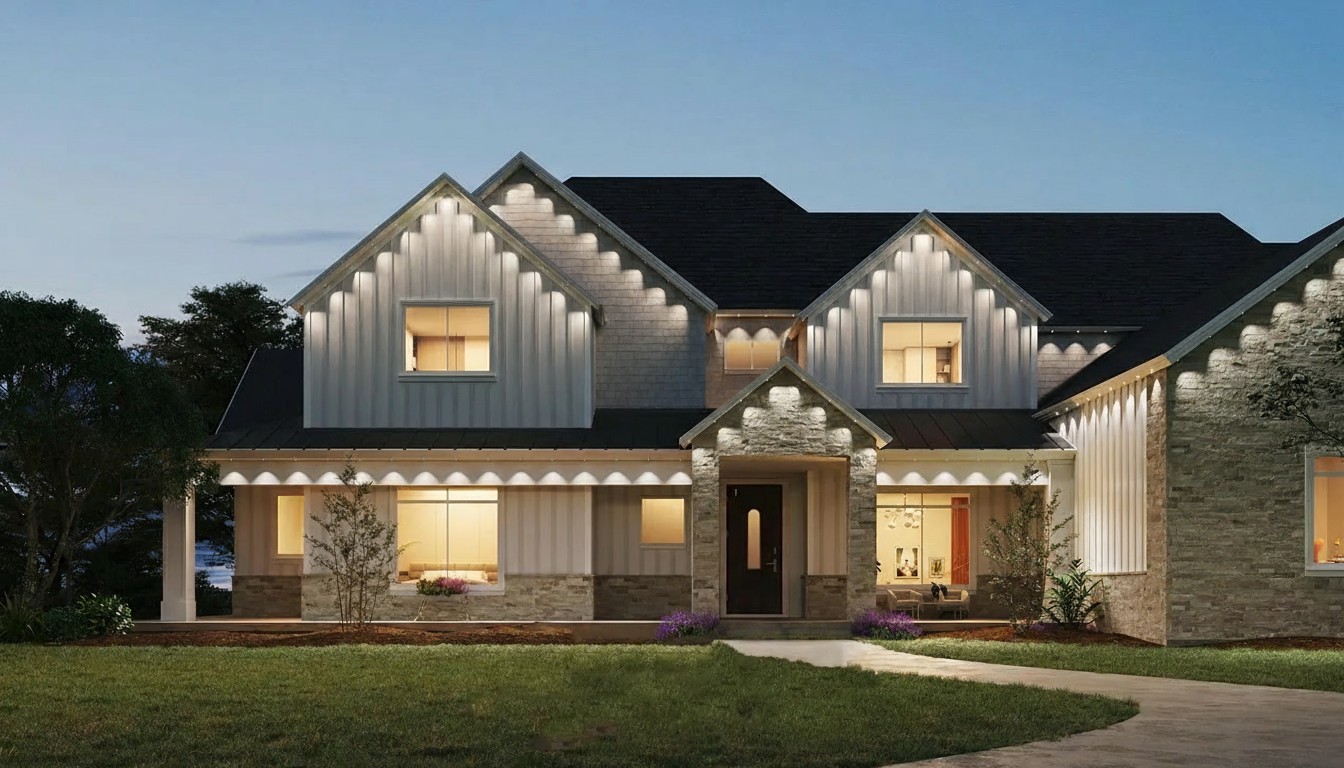 Realistic dusk shot showcasing a stunning roofline illuminated with Govee permanent lights.