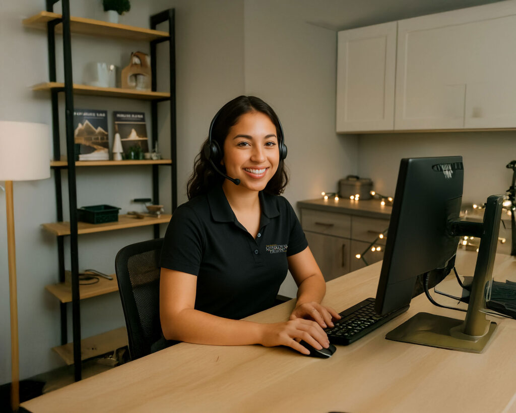 Admin staff at SA Holiday Lighting working at their desks in a modern office setting