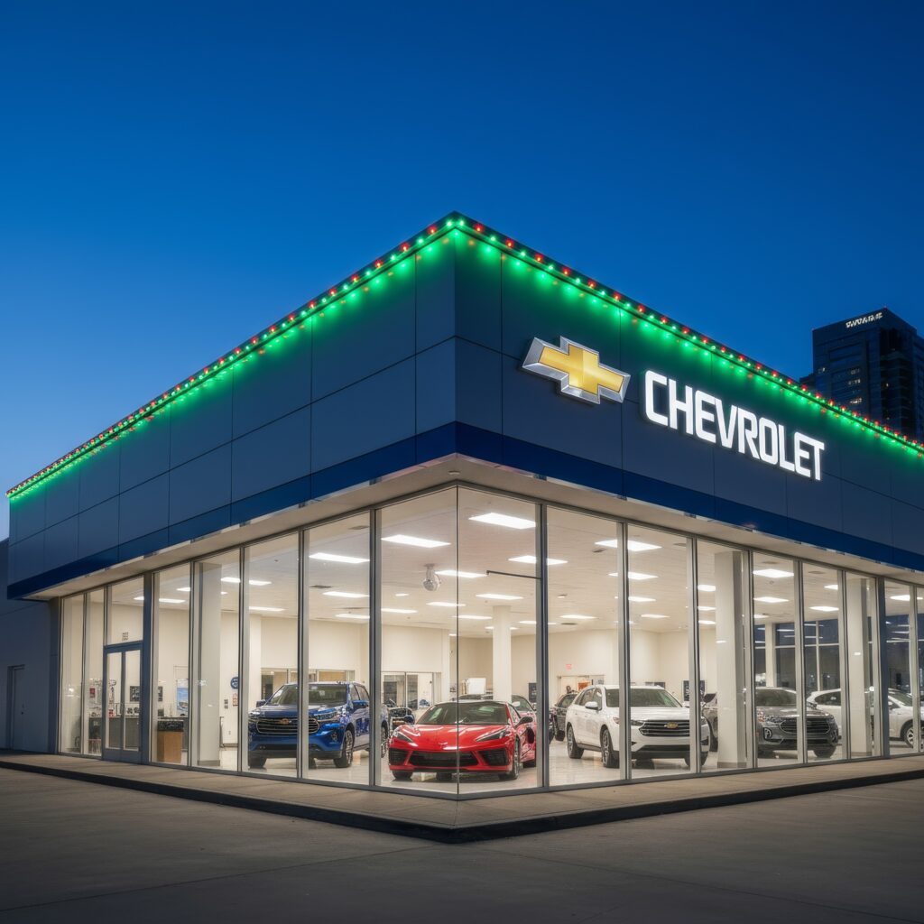San Antonio Chevrolet dealership wide street view showcasing a modern LED roofline illuminated in warm white light at dusk.