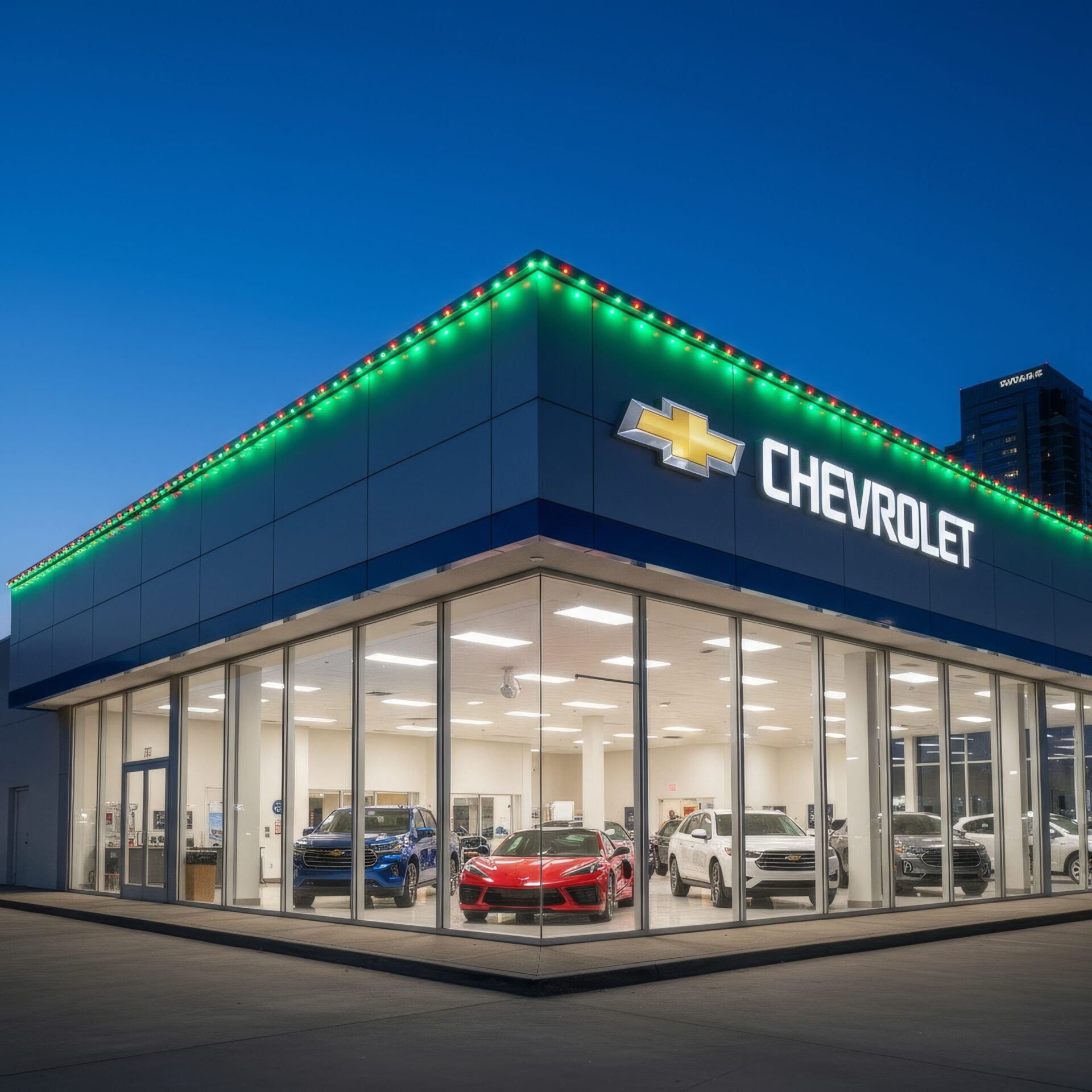 San Antonio Chevrolet dealership wide street view showcasing a modern LED roofline illuminated in warm white light at dusk.