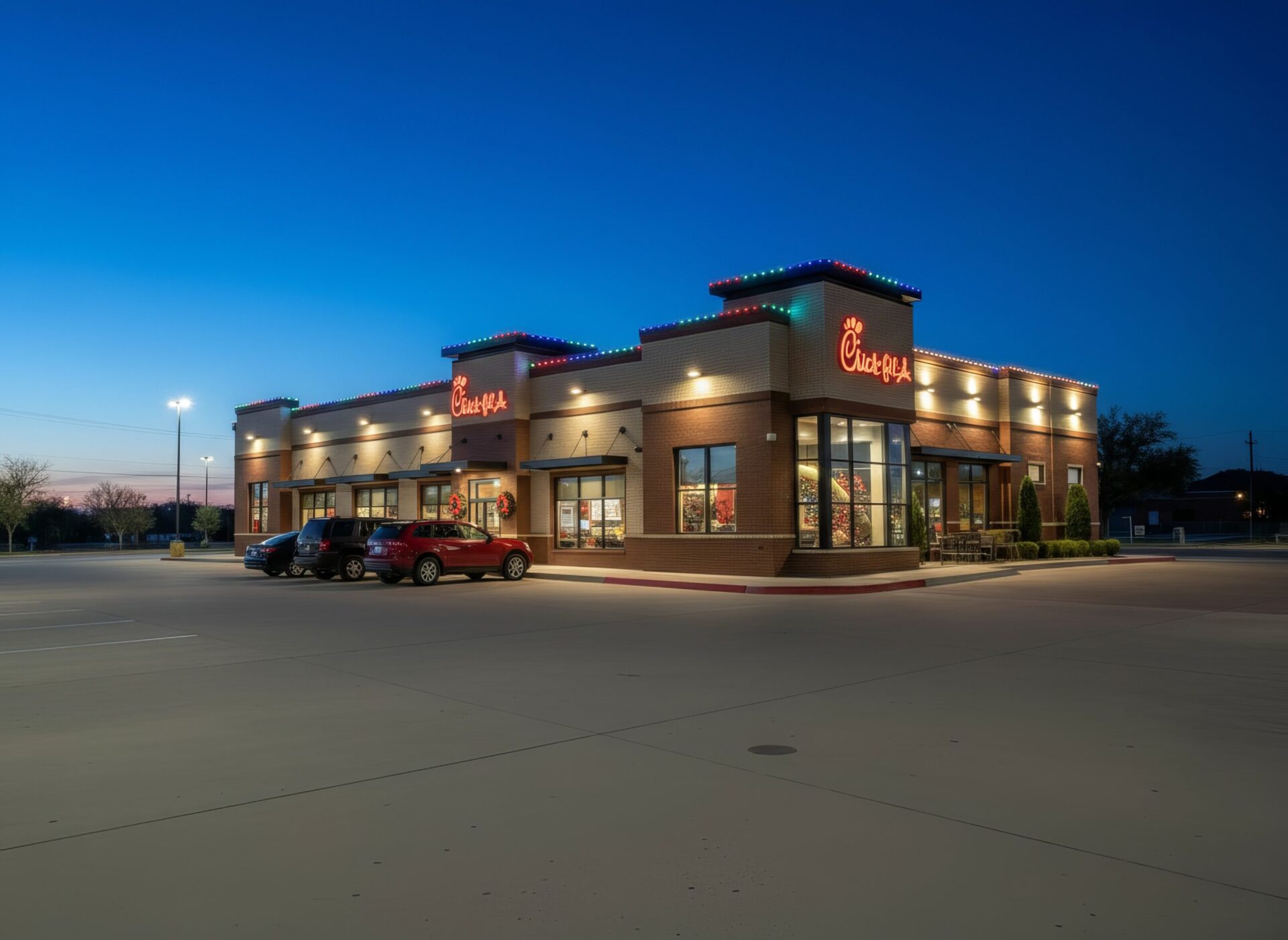 San Antonio Chick-fil-A wide angle street view showing LED roofline illuminated with warm white light at dusk