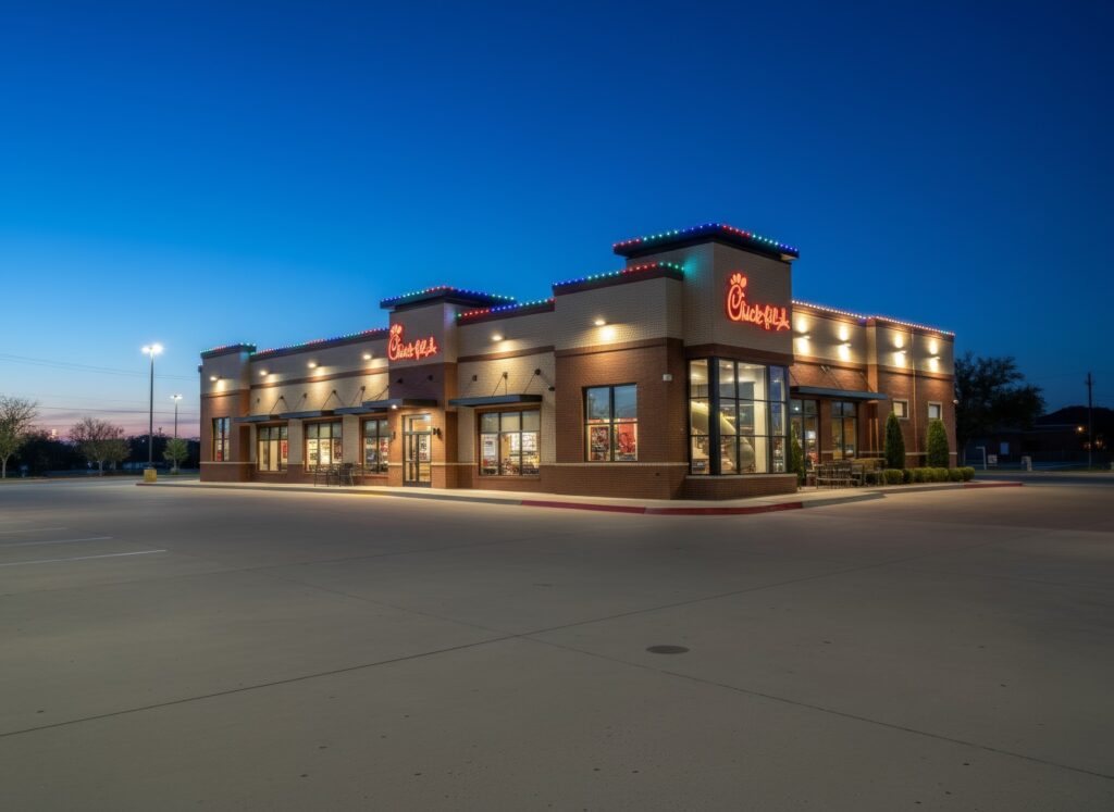 Cinematic wide perspective of a San Antonio Chick-fil-A restaurant, showcasing cars in the parking lot and the distinctive roofline illuminated by natural light.