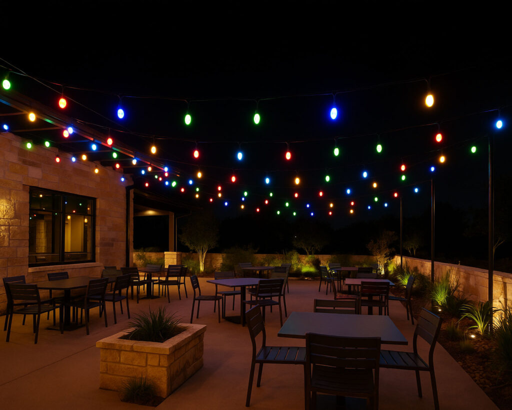 San Antonio restaurant bar patio adorned with festive string lighting for Christmas celebrations