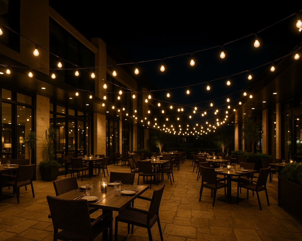 San Antonio restaurant patio decorated with festive string lighting for Christmas celebrations.