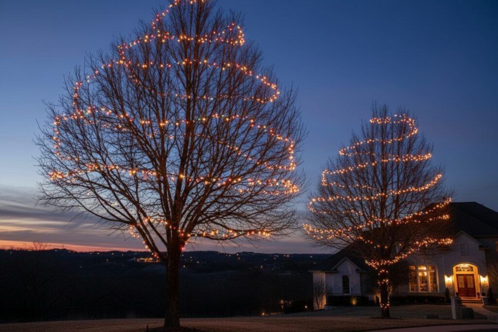 San Antonio holiday tree spiral canopy lighting showcasing a vibrant display of colorful lights illuminating the festive atmosphere.