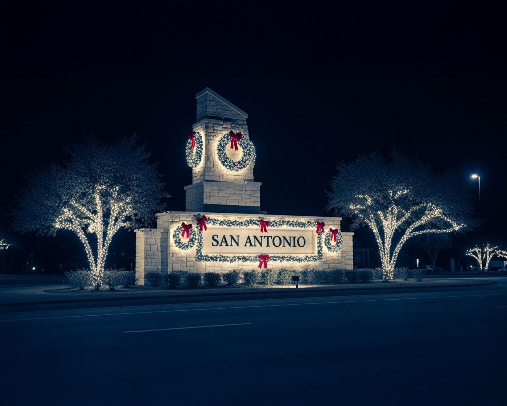 San Antonio private monument entrance adorned with vibrant Christmas lights and festive decorations during the holiday season.