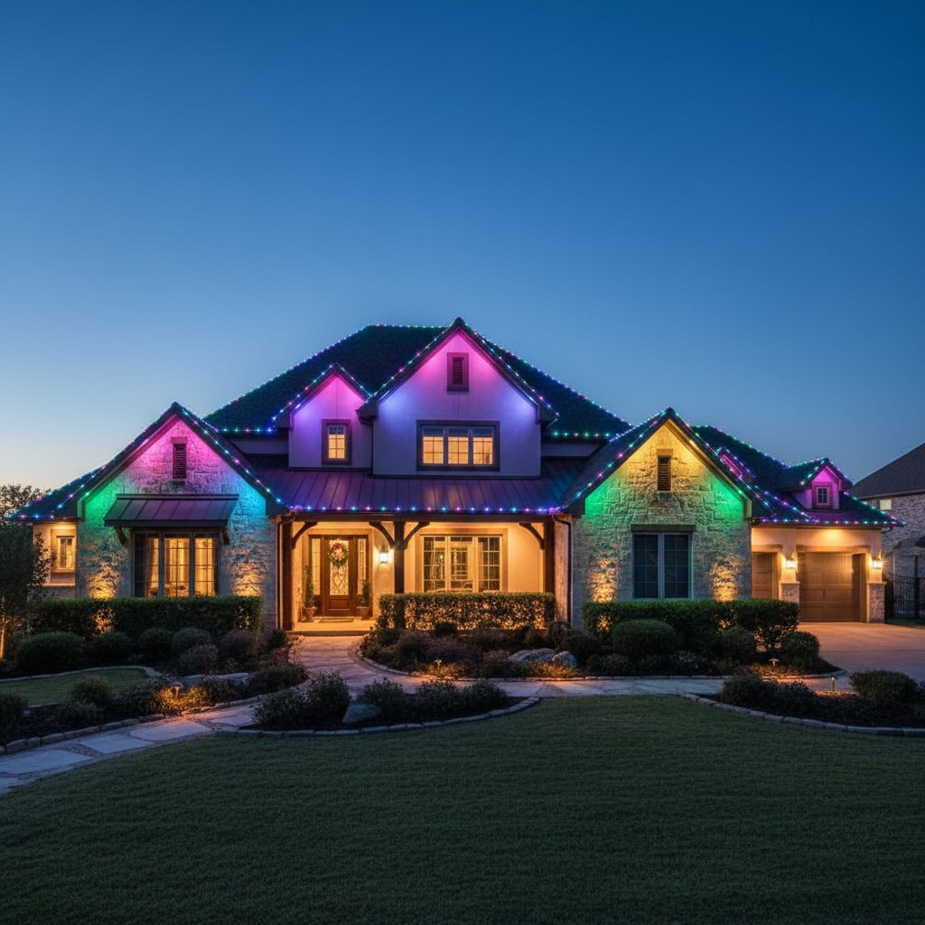 San Antonio residential permanent Govee Christmas roofing decorated with festive lights and ornaments.