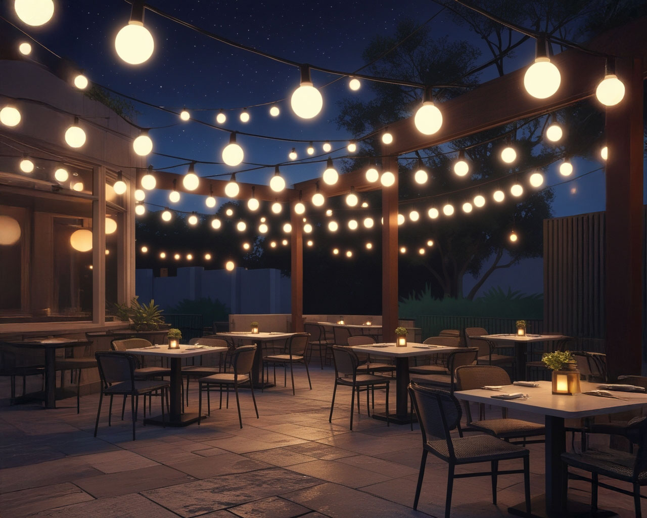 San Antonio restaurant patio featuring cozy outdoor string lighting in an inviting dining atmosphere.
