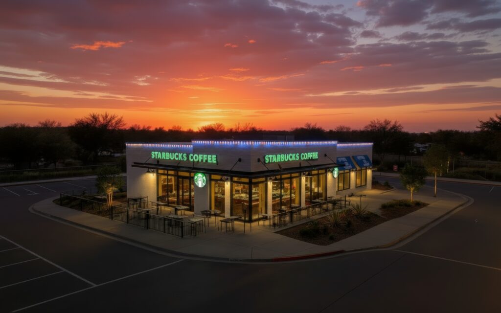 Wide-angle street view of a Starbucks in San Antonio at dusk, featuring a warm white LED roofline and surrounding ambiance.