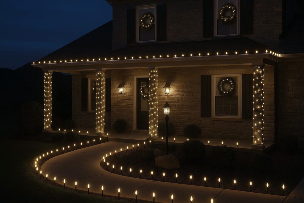 Warm white C9 pathway stake lights illuminating a luxury home in Helotes, creating an inviting outdoor ambiance.