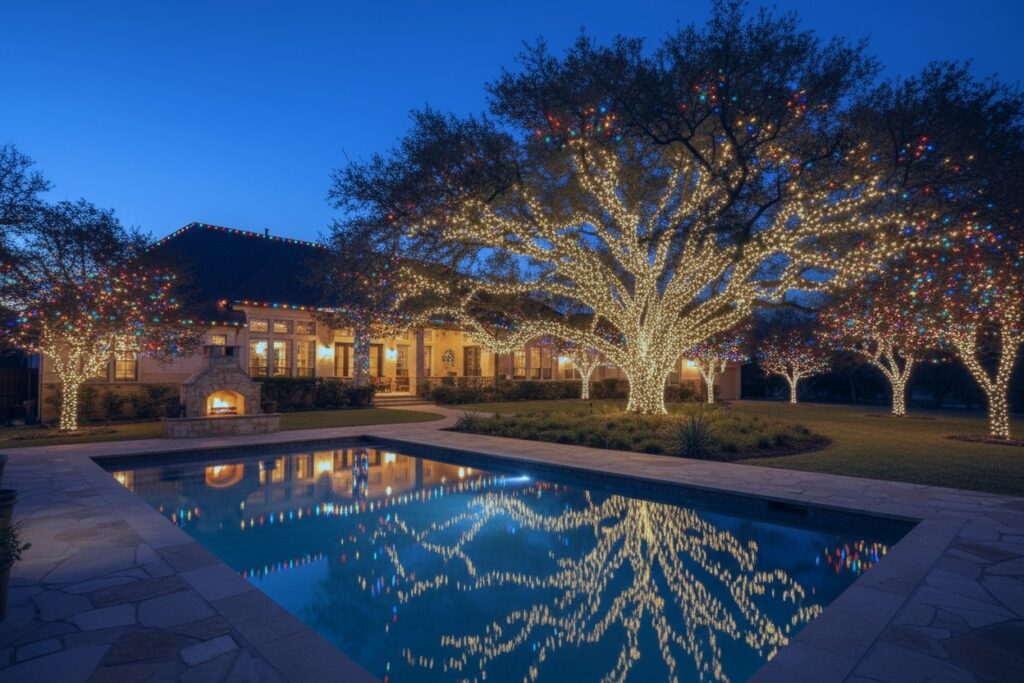 Warm white holiday display in a stone backyard in Helotes, TX, featuring C9 lights and oak trees at dusk.
