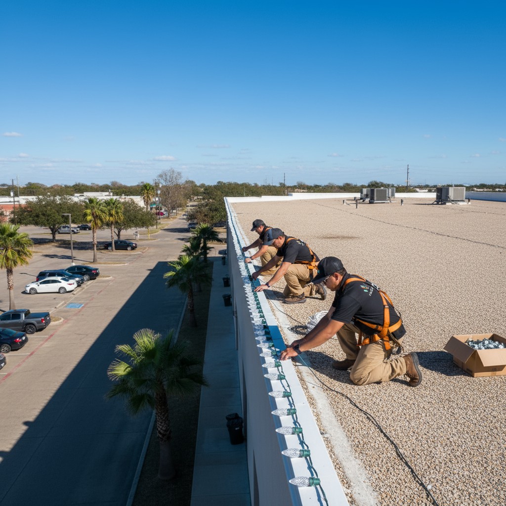 Wide commercial roofline team installing C9 teardrop LED lights for enhanced outdoor illumination.