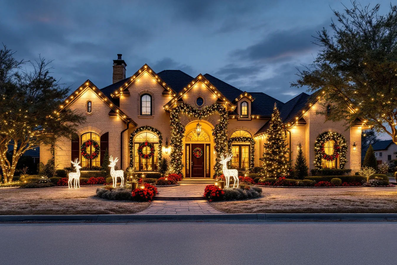 Wreaths and garlands adorning the entryway and roofline of a home in Helotes, TX, creating a festive atmosphere.