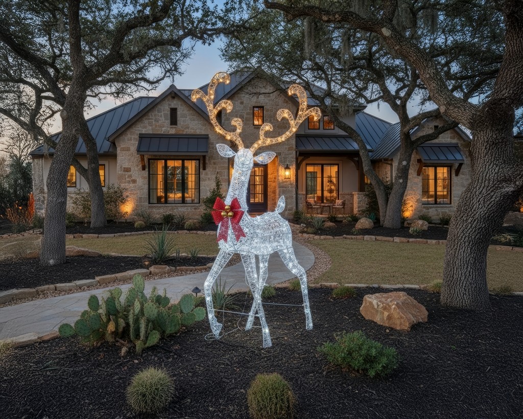 5-ft elegant lighted reindeer in San Antonio, TX with holiday lights.