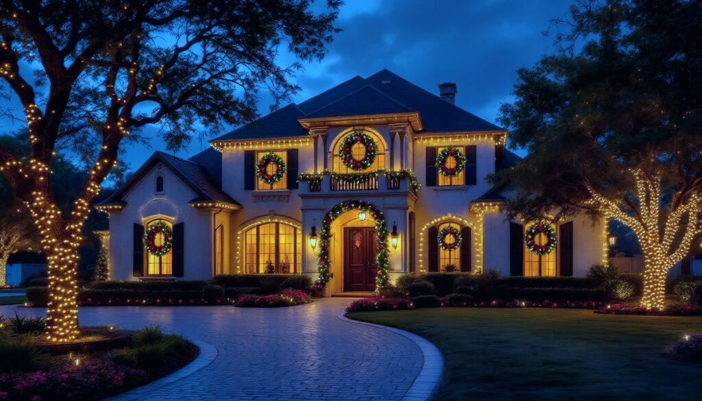 Alamo Ranch home in San Antonio TX with warm white Christmas roofline lights and tree decorations installed by professionals.