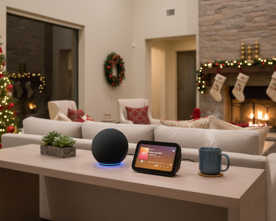 Alexa device controlling permanent holiday lights in San Antonio home automation system
