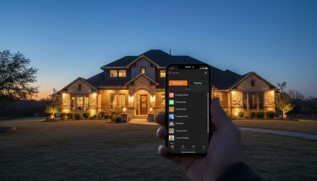 App controlled holiday lights displaying festive colors that can be customized via smartphone