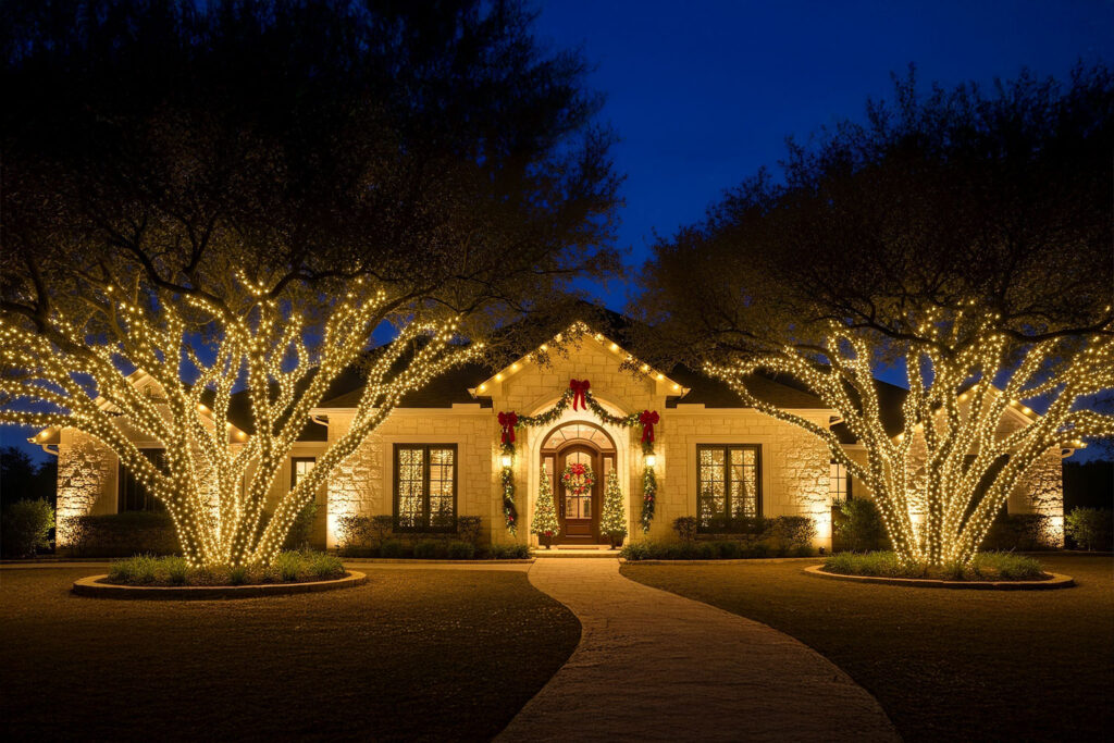 Elegant Hill Country home in Boerne TX with warm white roofline Christmas lights and holiday garlands professionally installed.