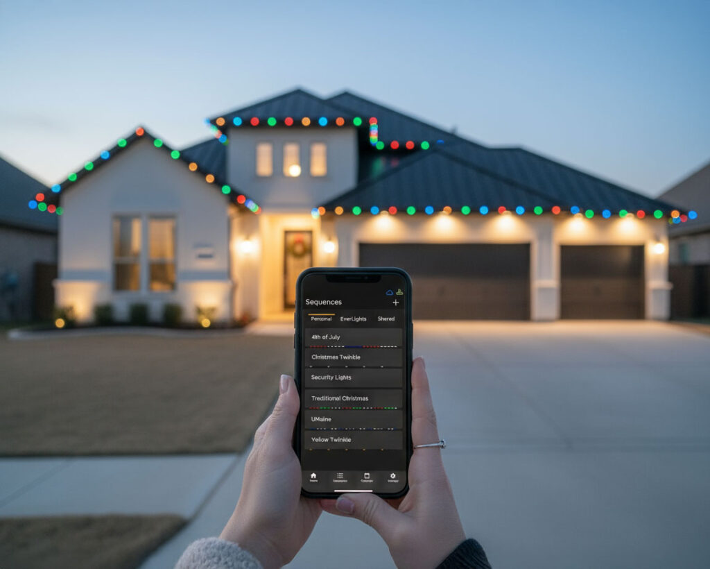 Close-up image of customer using phone app to favorite scenes of holiday lighting