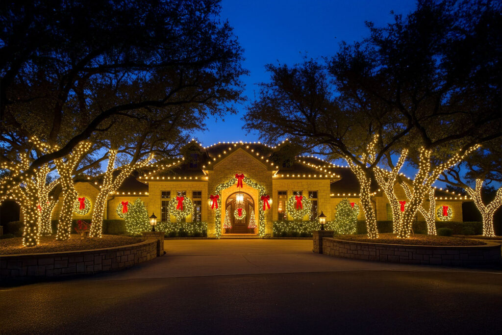 Cross Mountain, TX, home with warm white Christmas lights installed along the roofline and trees for a festive glow.