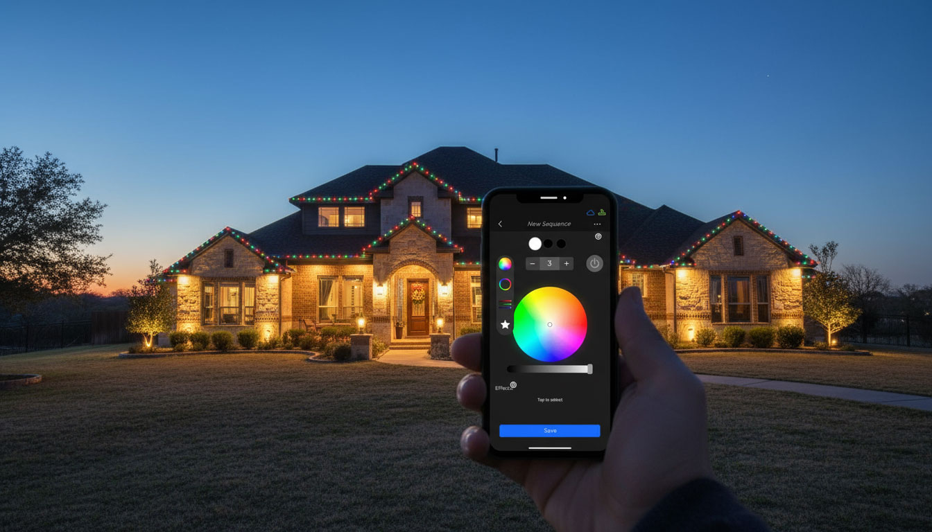 Customer controlling permanent roofline Christmas lights with a mobile app