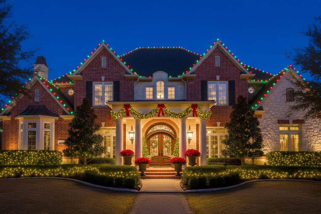 Elegant Dominion home in San Antonio, TX, with red and green Christmas roofline lighting and matching garlands.