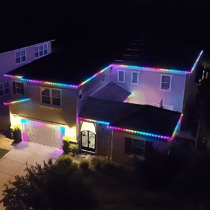 Permanent outdoor Everlights installation showing customizable LED lighting display on home exterior