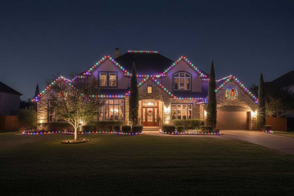 Fair Oaks Ranch, TX, home with multicolor professional Christmas lighting along the roofline and entryway.