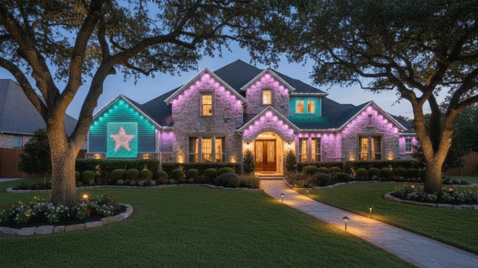 Govee permanent outdoor lights pro illuminating San Antonio home exterior with professional color display