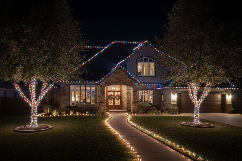 A Grey Forest, TX, stone home surrounded by oak trees wrapped in multicolor Christmas lights and roofline decorations.
