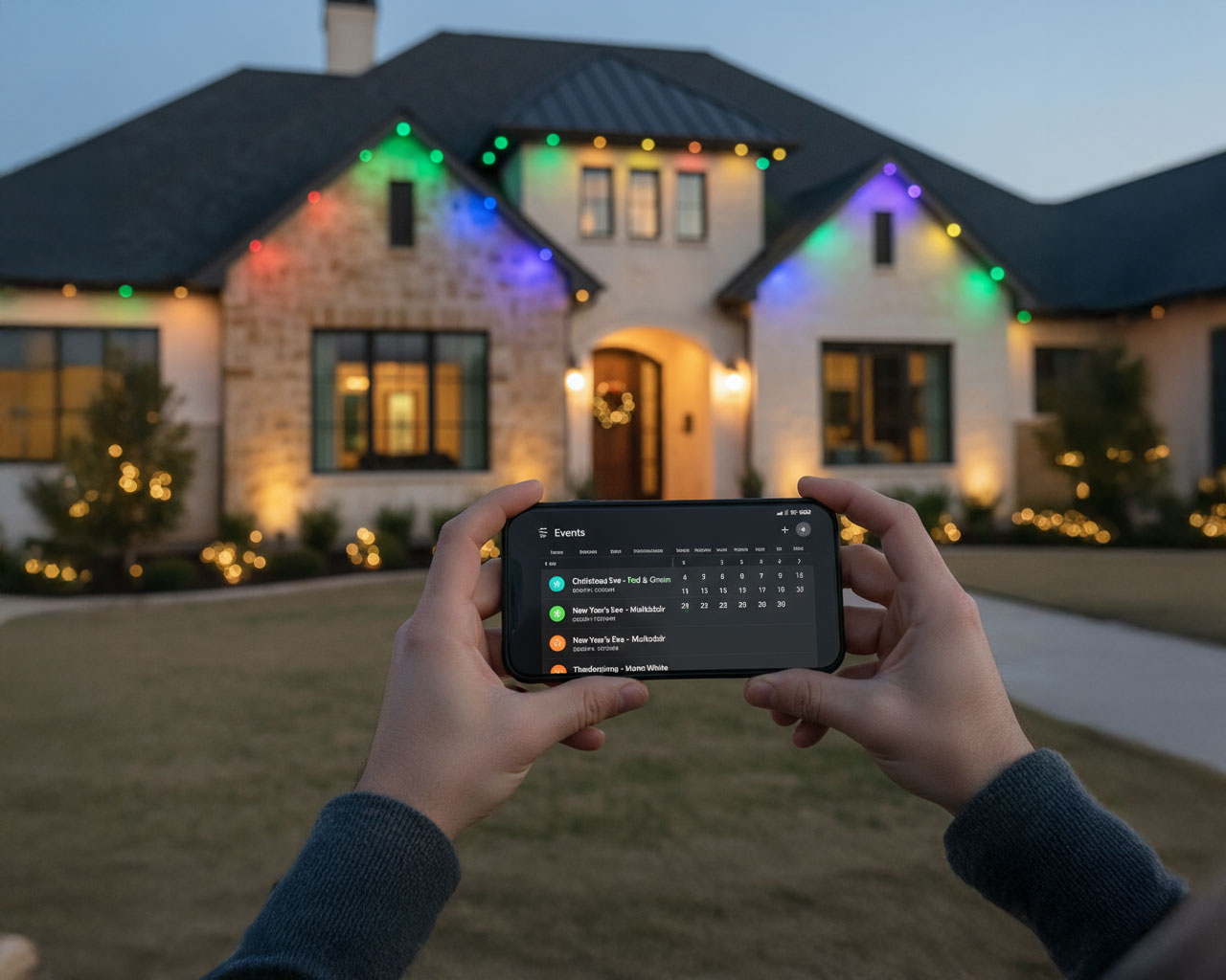 San Antonio holiday lighting mobile app schedule display showing customizable Christmas light programming