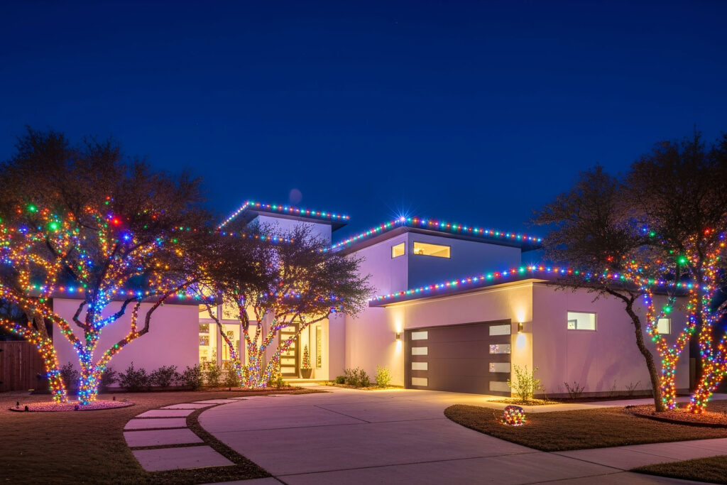 Kallison Ranch, San Antonio, TX, home with multicolored Christmas roofline lights and garlands installed by professionals.